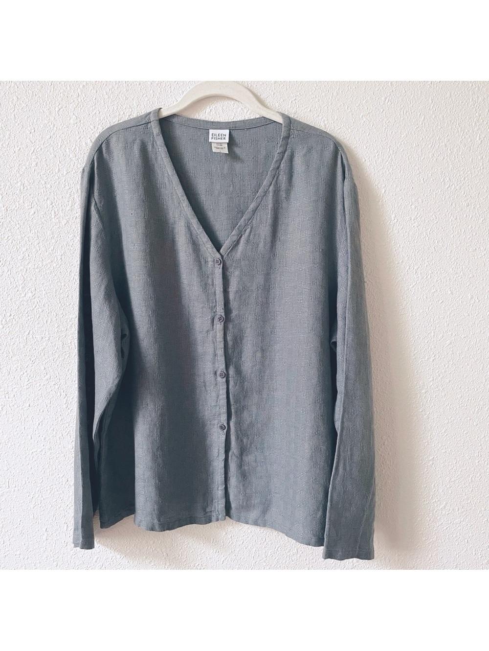Eileen Fisher 100% Linen Patchwork Button Front Top Slate Blue Size Large Boho